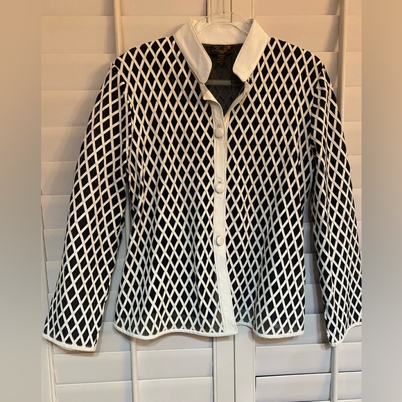 Kanar Jackets & Blazers - Stunning Black & White Shear Diamond Pattern White Leather Trim Jacket Size XL